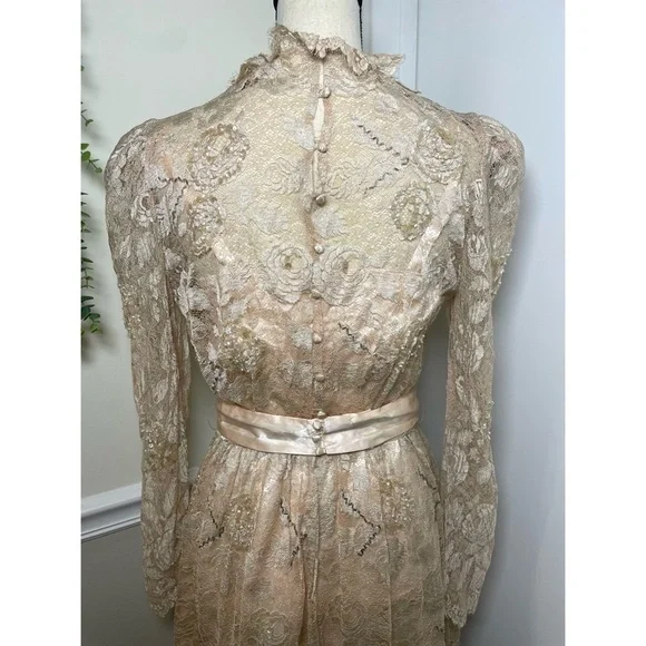 Vintage Rina Di Montella Nude Lace + Sequin Midi Dress Size 6 - Picture 5 of 10
